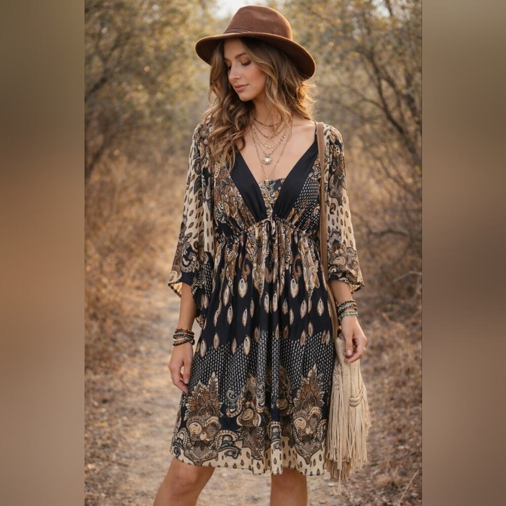 Shoreline Black Silky Stretch V- Neck Lightweight Dress  L/ XL #950